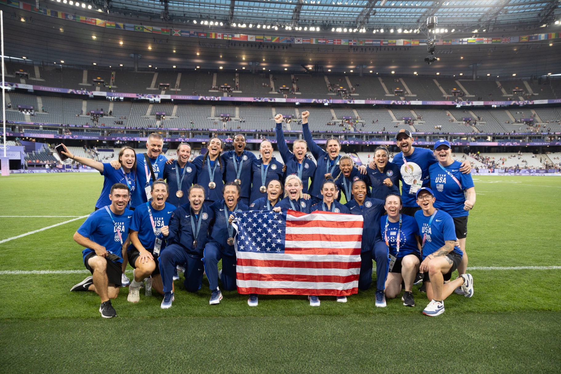 Team USA Rugby Sevens celebrating bronze at Paris 2024